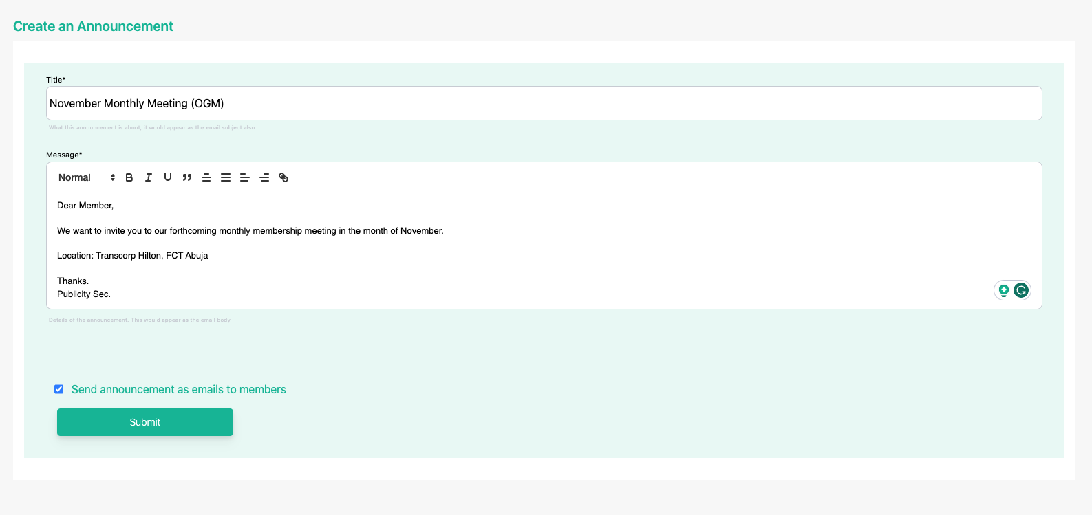 Announcement creation form