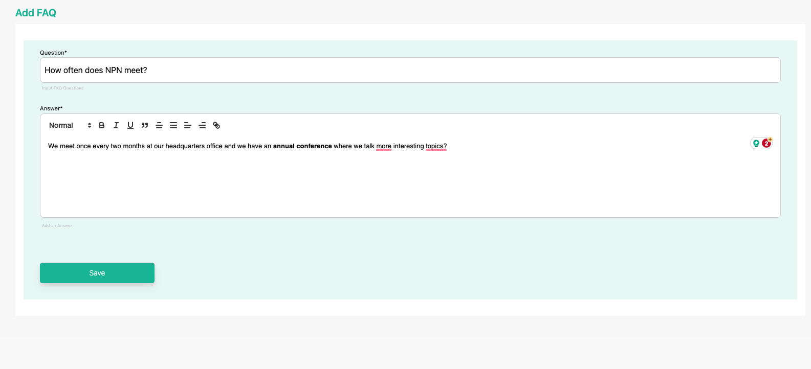 FAQ creation form