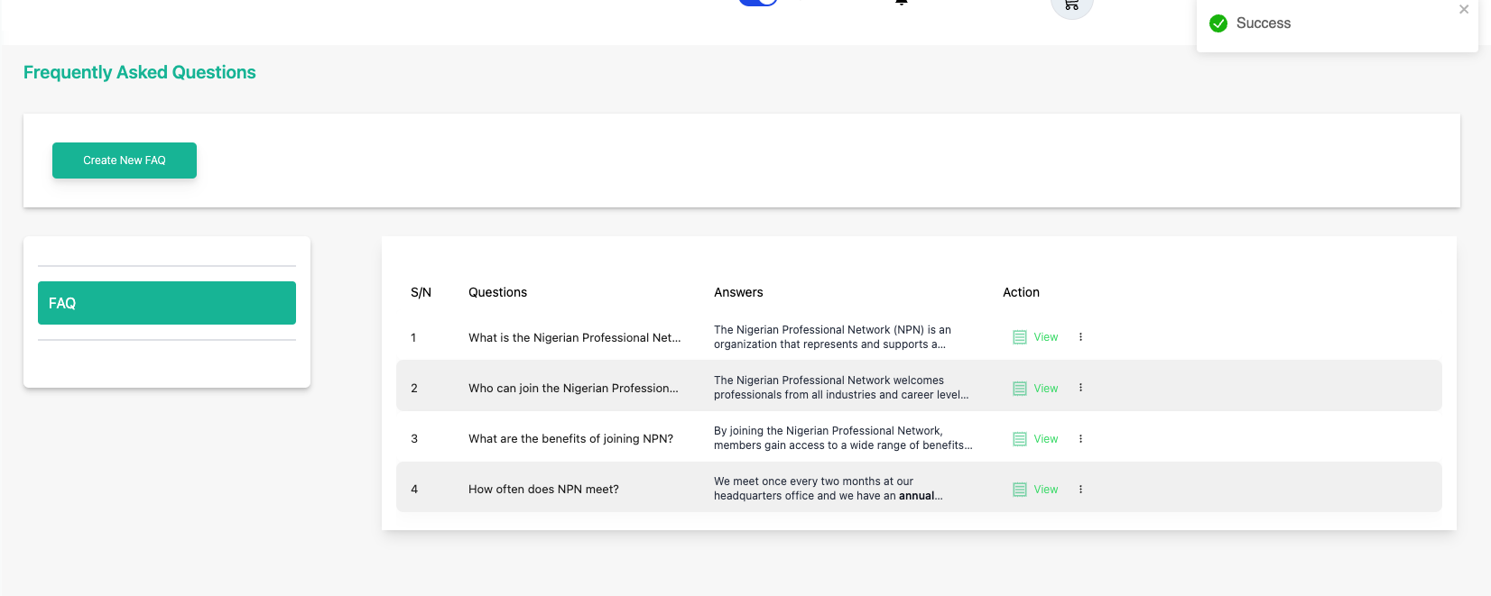 FAQ creation success