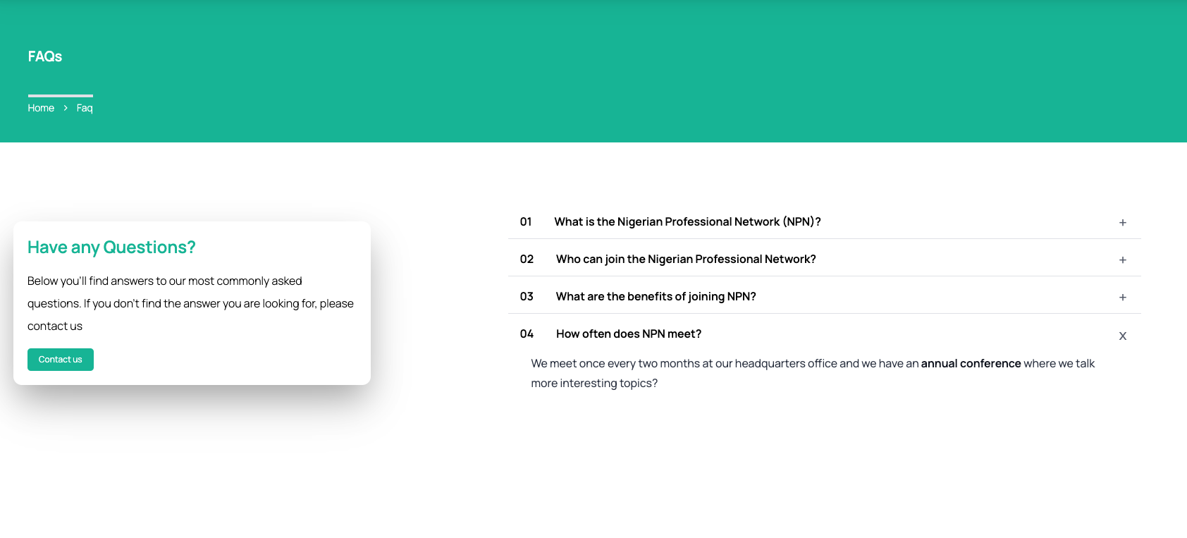 FAQs on website page